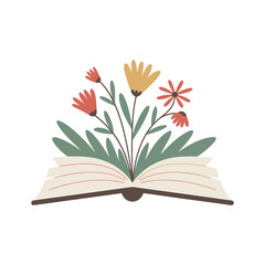 An open book blooming with colorful wildflowers and vibrant greenery