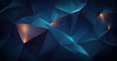 Abstract geometric pattern of dark blue and teal triangular facets with glowing orange light accents creating a futuristic and dynamic visual effect