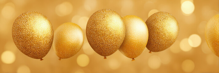Row of festive golden balloon decoration for celebration or party. Shiny elegant luxury design on blurred bokeh background with copy space creating happy feeling