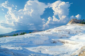 Bright white cascading terraces of mineral-rich formations under a dramatic cloudy blue sky with a distant rocky hill and green trees