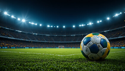 Obraz premium Night Football Match Ball On Grass In Illuminated Stadium