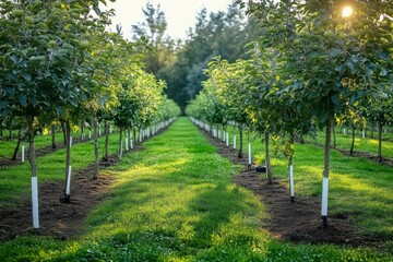 Obraz premium Rows of young fruit trees with green leaves in a sunlit orchard during late afternoon