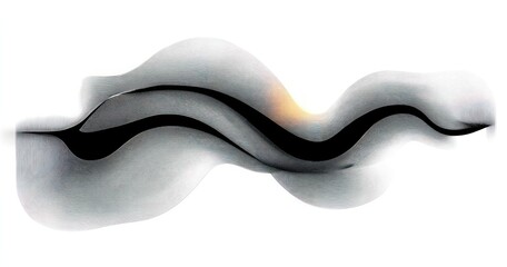 Abstract flowing black and gray wavy shapes with soft gradient highlights on a white background creating a sense of motion and fluidity