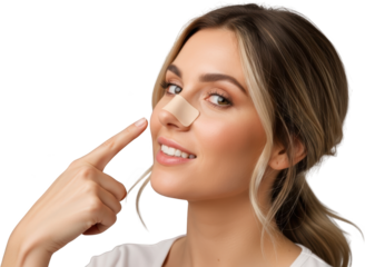 A woman with a blonde ponytail and clear skin points to a tan nasal strip on her nose smiling at the camera transparent background