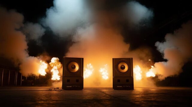 Two speakers with a dynamic fire and smoke background for audio presentation