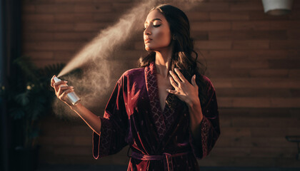 A woman in a luxurious robe uses a fragrance spray in a serene indoor setting mockup