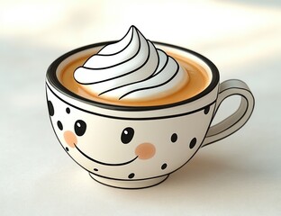 Cup of coffee with whipped cream in a smiling face decorated ceramic mug on a light surface