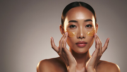 A serene female applying face mask in a mockup portrait close-up shot