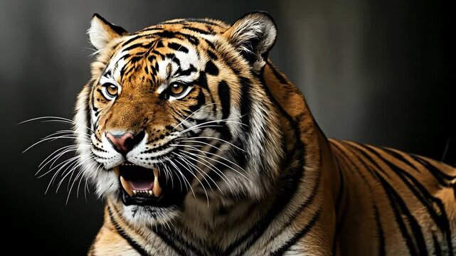 Close-up of a majestic tiger snarling, showcasing its powerful presence and fierce expression in a captivating wildlife moment.