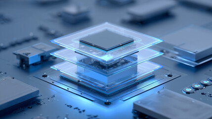 advanced processor chip architecture, futuristic semiconductor chip design, layered microchip technology concept
