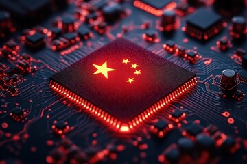 Close-up of black computer microchip glowing red with illuminated stars resembling a national flag on electronic circuit board