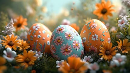 Three vibrantly decorated Easter eggs with floral patterns nestled among orange and white flowers in a soft-focused garden setting conveying a peaceful springtime mood
