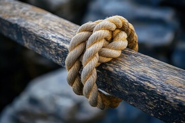 close-up of a thick, weathered rope looped tightly around a dry, textured wooden post with a blurred natural background