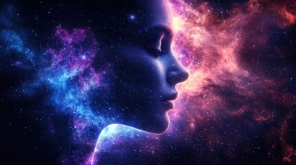 Obraz premium Serene female face in profile blending with vibrant cosmic clouds and stars evoking a sense of calm and infinite space within the universe