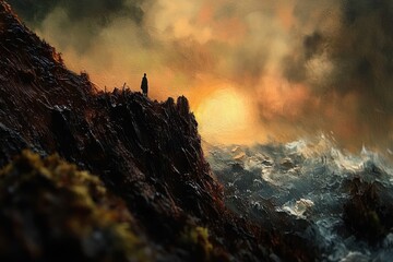 Silhouette of a lone figure standing on a rocky cliff overlooking a turbulent sea with dramatic sunset skies creating an intense and contemplative mood