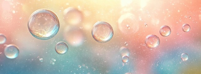 Close-up view of translucent bubbles floating against a soft pastel background with light reflections and a dreamy, calming atmosphere