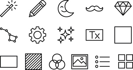 Graphic design icon set, UI symbols, magic wand, gear, moon, diamond, constellation, text, frame, sparkle, outline style © Shoriful