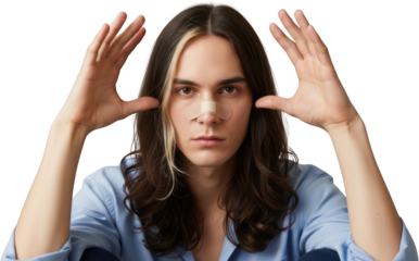 Young man with band aid on nose and hands framing his face isolate bandaid portrait isolated medical