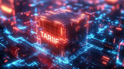 Futuristic glowing digital cube with the word tariff surrounded by neon blue and red circuitry representing data flow and technology network