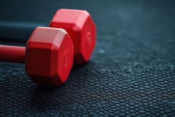 Close-up of a pair of red hexagonal dumbbells resting on a textured dark rubber gym floor