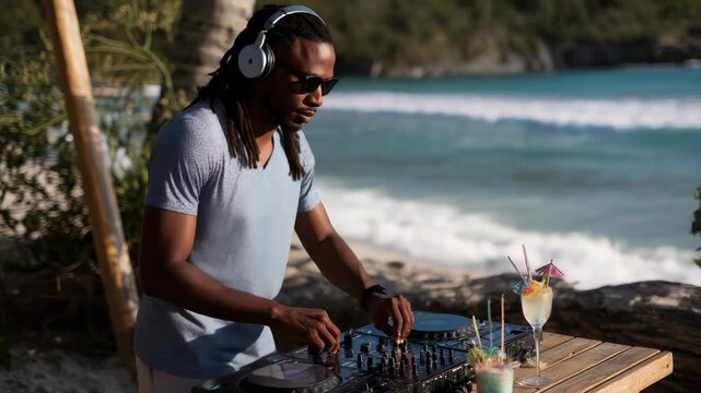 Afro DJ mixes music at tropical beach party with exotic cocktails
