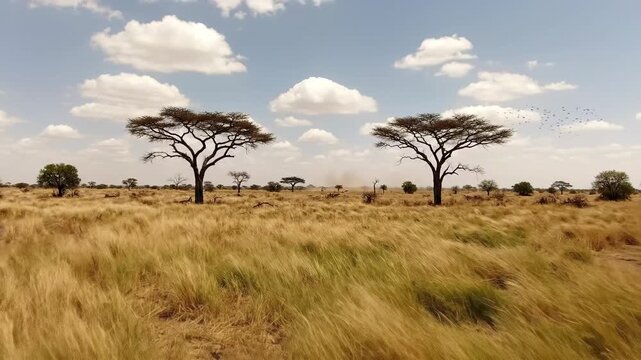 Expansive African savanna landscape with iconic acacia trees under a vast, cloudy blue sky
