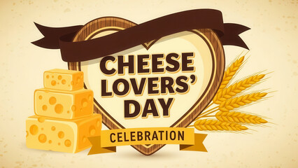 Heart shaped emblem celebrating cheese lovers day with stacked cheese cubes and wheat stalks