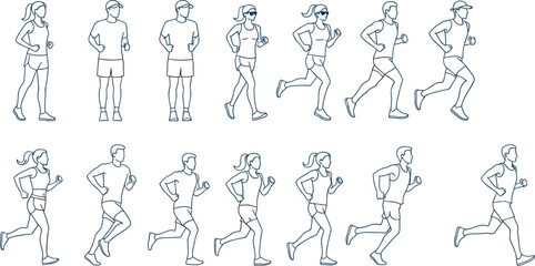 Athlete running pose vector set featuring men and women joggers in dynamic movement for fitness, sports, training and animation designs