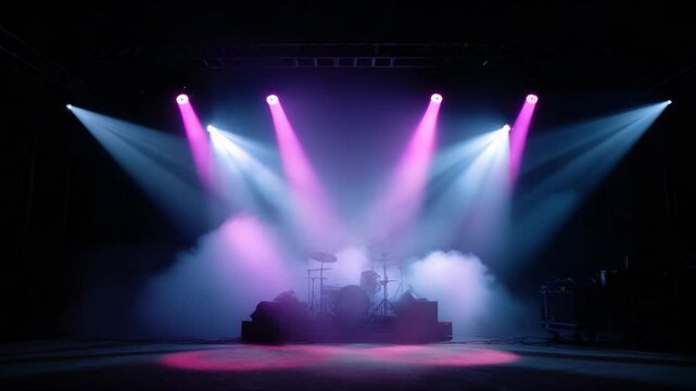 Illuminated stage with drum set in a smoky atmosphere for a concert