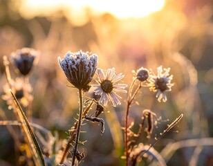 Frost-covered wildflowers bask in the golden light of a sunrise, bokeh background