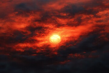 Obraz premium intense fiery sun glowing through dark dramatic red and orange clouds at sunset or sunrise