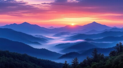 Sunrise over layered mountain ranges shrouded in mist with colorful sky blending pink, purple, and orange hues evoking calm and serenity