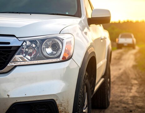 Front of white truck on a dirt road with sun in background and another car ahead