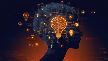 Silhouette of human head filled with illuminated light bulbs and digital network patterns symbolizing ideas and intelligence