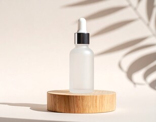 Frosted bottle with dropper top on wooden platform, beige background, shadowed leaves