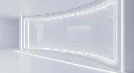 Futuristic white minimalist interior with glowing neon light frames and curved walls creating an abstract modern space.