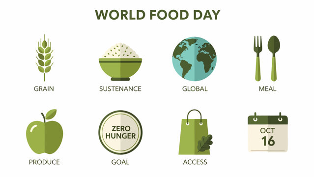 World Food Day icons grain rice bowl globe cutlery apple goal badge bag and calendar