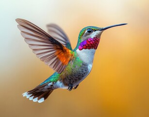 Obraz premium Close-up of a colorful hummingbird in mid-flight with vibrant feathers and detailed wings against a soft gradient background