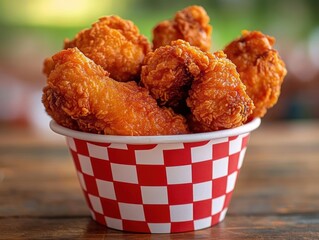 Close-up of a bucket filled with crispy golden fried chicken pieces on a wooden surface with blurred green background