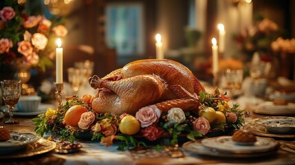 Golden roasted turkey centerpiece surrounded by fruits and flowers on a festive dining table with lit candles and elegant tableware, creating a warm and inviting atmosphere