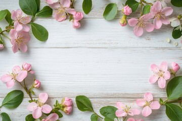 Delicate pink blossoms with green leaves arranged in a circular frame on a rustic white wooden background, conveying freshness and natural beauty