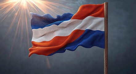 Red, white, and blue striped flag waving on a wooden pole with sunrays shining through against a moody gray background