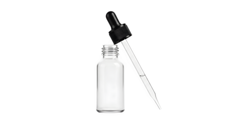 Clear glass dropper bottle with a single drop falling showcasing liquid dispensing and pharmaceutical concepts isolated on transparent background