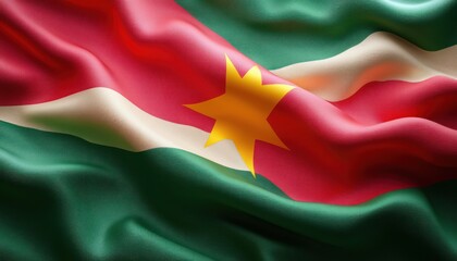 Waving flag with horizontal green, yellow, red, and white stripes and a yellow star in the center, symbolizing identity and pride