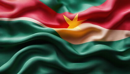 Satin fabric of a flag featuring horizontal stripes in green, white, and red with a yellow star in the center, gently folded and softly lit