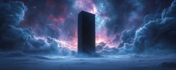 Mysterious dark monolith standing on a misty surface under a vibrant starry galaxy sky with swirling clouds emitting a mystical and awe-inspiring atmosphere