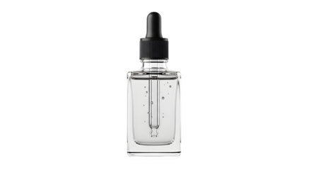 Clear glass dropper bottle with black cap containing liquid cosmetic product mockup isolated on transparent background