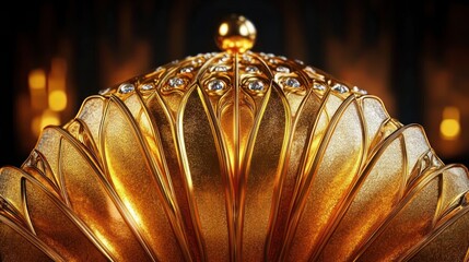 Close-up of an intricately designed golden decorative object with jewel-like accents and warm glowing highlights against a dark blurred background