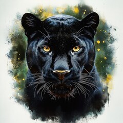 Close-up of a black panther with piercing golden eyes staring intensely, surrounded by a smoky and splattered background with yellow and green accents
