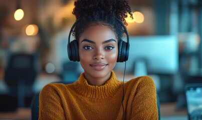 Young woman wearing headphones and a mustard sweater smiling confidently in a modern indoor setting with blurred background lights